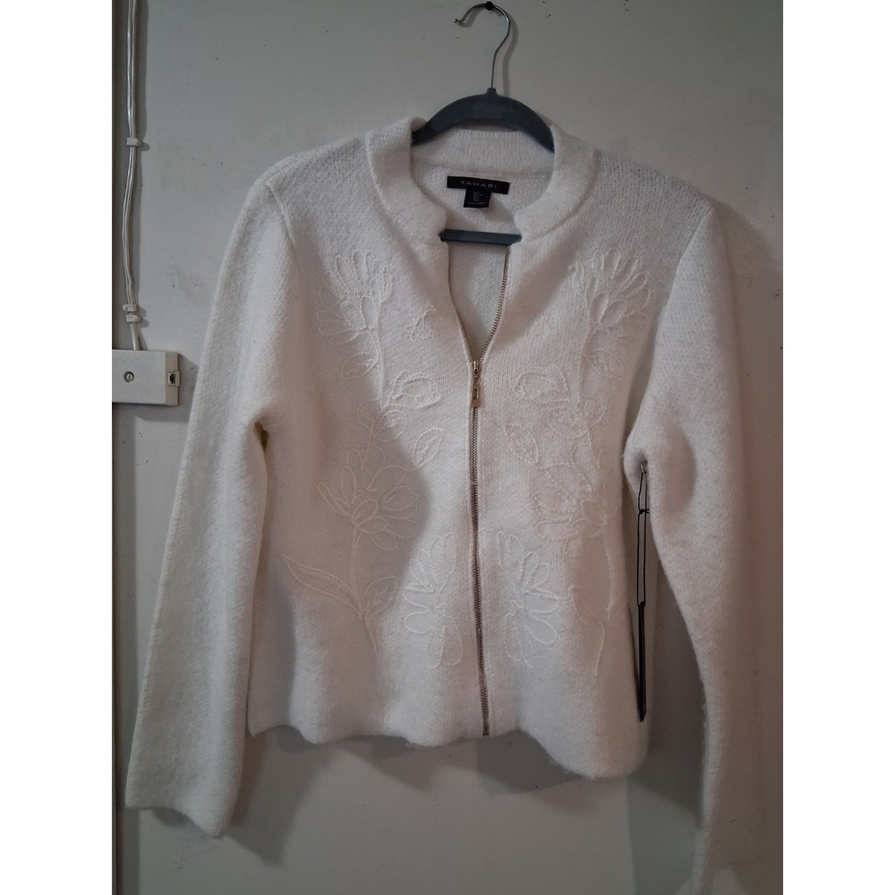Tahari Womens Ivory Floral Embroidered Full Zip Mock Neck Cardigan Sweater L NEW